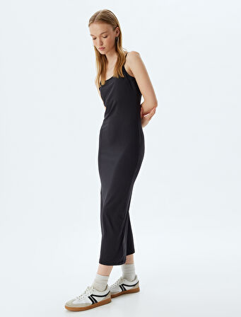 Uzun Bodycon Elbise İp Askılı Bisiklet Yaka Slim Fit