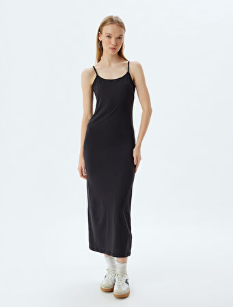 Uzun Bodycon Elbise İp Askılı Bisiklet Yaka Slim Fit