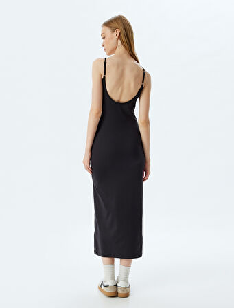 Uzun Bodycon Elbise İp Askılı Bisiklet Yaka Slim Fit