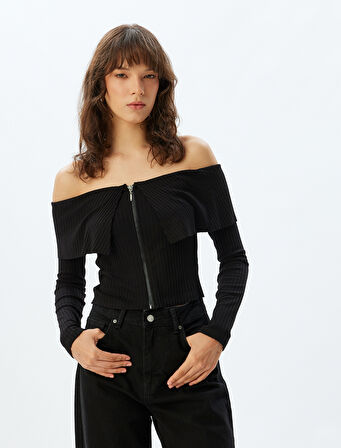 Fermuarlı Uzun Kollu Triko Slim Fit Omzu Açık Yelek