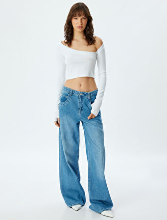 Asimetrik Omzu Açık Crop Tişört Uzun Kollu Slim Fit Pamuklu