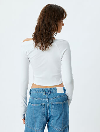 Asimetrik Omzu Açık Crop Tişört Uzun Kollu Slim Fit Pamuklu
