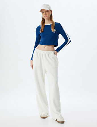 Crop Tişört Uzun Kollu Kolej Baskılı Bisiklet Yaka Biyeli Slim Fit