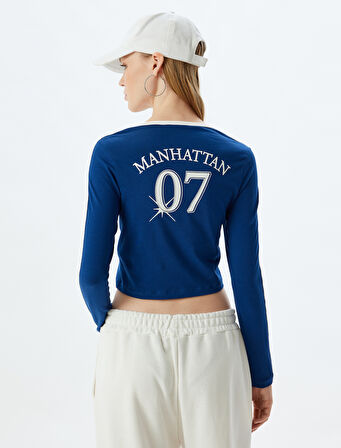 Crop Tişört Uzun Kollu Kolej Baskılı Bisiklet Yaka Biyeli Slim Fit