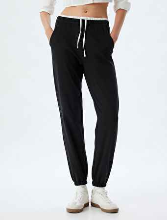 Jogger Eşofman Altı Çift Bel Detaylı Bağcıklı Şardonlu Cepli Rahat Kalıp