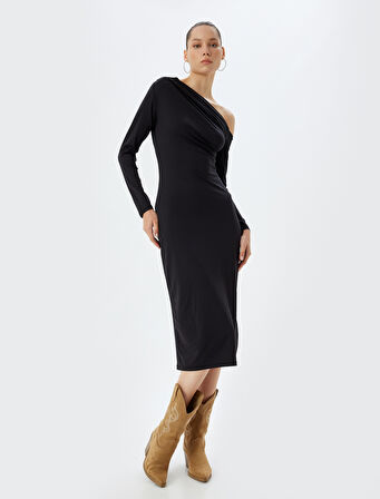 Midi Elbise Asimetrik Yaka Drapeli Slim Fit Uzun Kollu