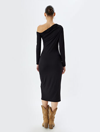 Midi Elbise Asimetrik Yaka Drapeli Slim Fit Uzun Kollu