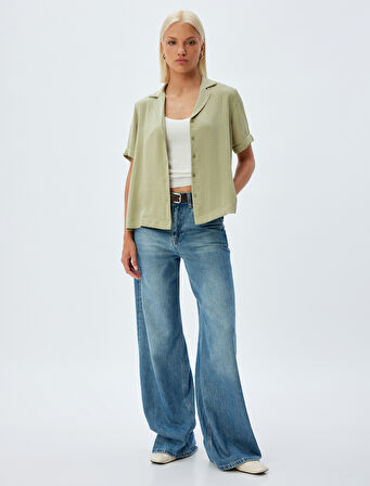 Kısa Kollu Bluz Ceket Yaka Düğmeli Dokulu