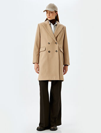 Uzun Kaşe Kaban Kruvaze Düğmeli Cepli