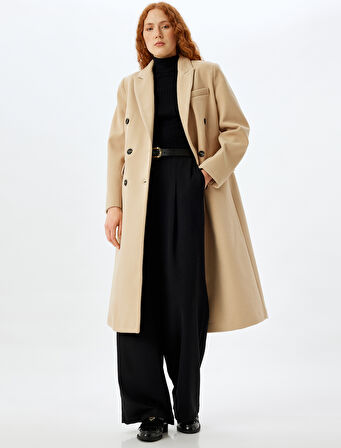 Uzun Kaşe Kaban Kruvaze Düğmeli Cepli 