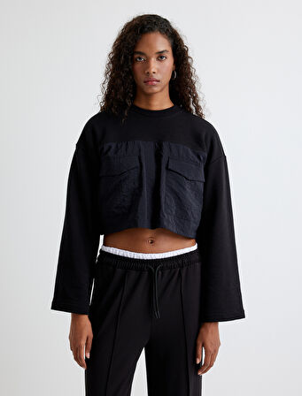 Crop Sweatshirt Paraşüt Kumaş Detaylı Rahat Kalıp