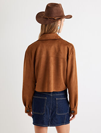 Kapaklı Cep Detaylı Düğmeli Rahat Kalıp Suni Süet Ceket