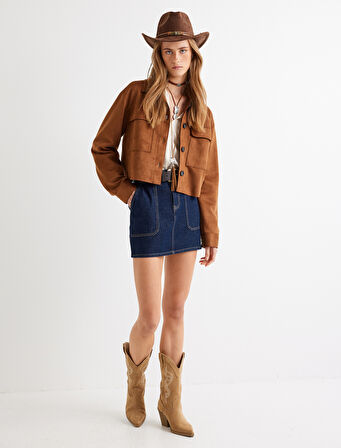 Suni Süet Ceket Crop Kapaklı Cep Detaylı Düğmeli Rahat Kalıp