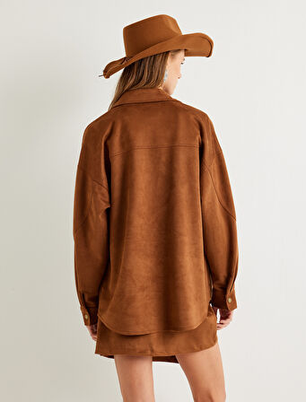 Suni Süet Gömlek Ceket Kapaklı Cep Detaylı Rahat Kalıp