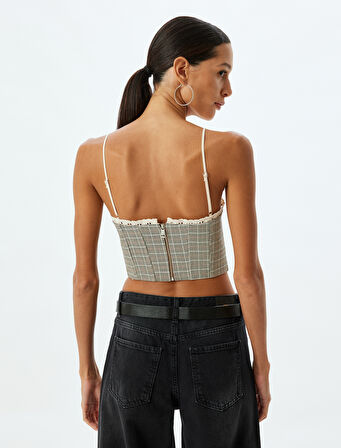 Kalp Yaka Dantel Detaylı Askılı  Ekose Crop Büstiyer