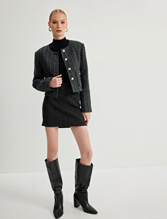 Tüvit Ceket Yuvarlak Yaka Düğmeli Cepli