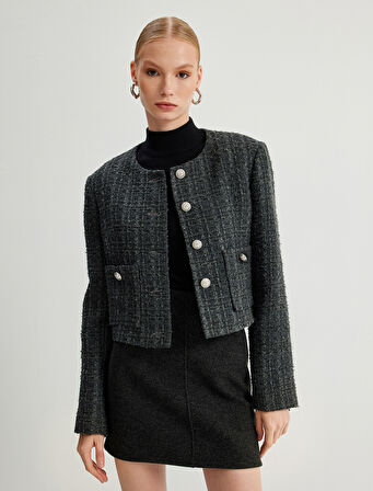 Tüvit Ceket Yuvarlak Yaka Düğmeli Cepli