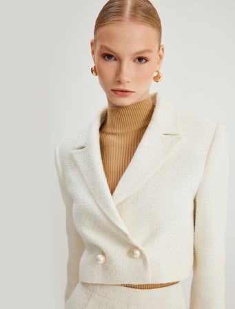 Crop Tüvit Blazer Ceket Kruvaze İnci Düğmeli