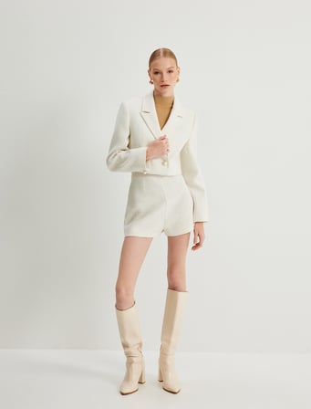 Crop Tüvit Blazer Ceket Kruvaze İnci Düğmeli