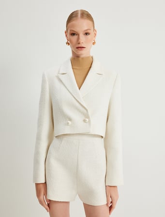 Crop Tüvit Blazer Ceket Kruvaze İnci Düğmeli
