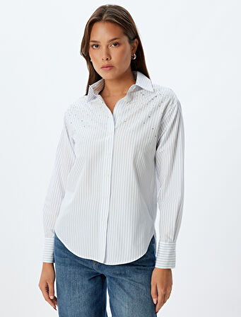Taşlı Poplin Gömlek Klasik Yaka Uzun Kollu Regular Fit