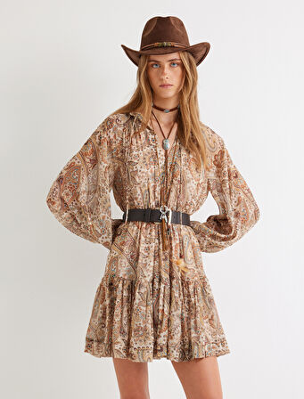 Etnik Desenli Mini Elbise Uzun Kollu Hafif Bağlamalı Dik Yaka