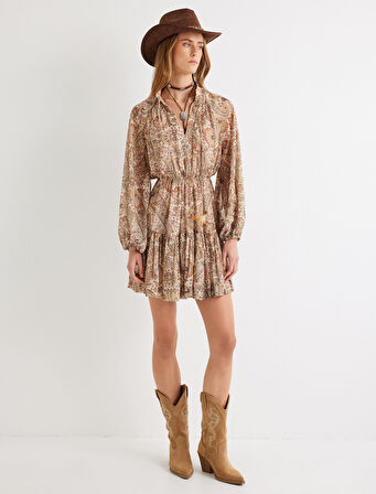 Etnik Desenli Mini Elbise Uzun Kollu Hafif Bağlamalı Dik Yaka