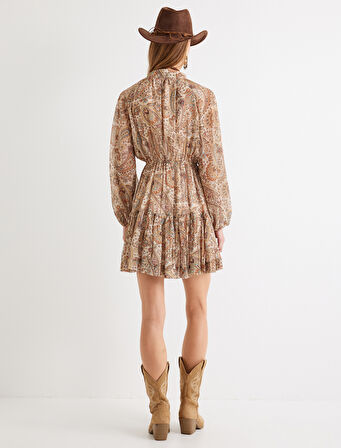 Etnik Desenli Mini Elbise Uzun Kollu Hafif Bağlamalı Dik Yaka