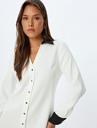 Gömlek Elbise Mini Boy Renk Kontrastlı Uzun Kollu