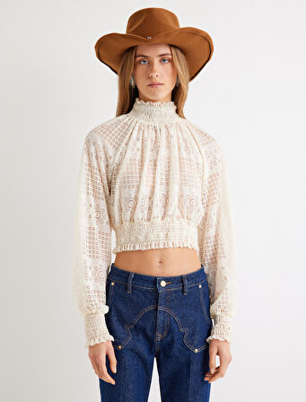 Dantel Crop Bluz Dik Yaka Yarı Transparan Gipe Detaylı