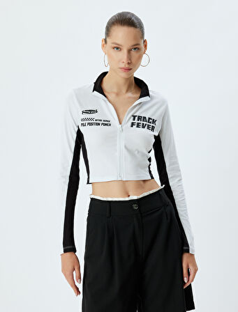 Crop Tişört Fermuarlı Uzun Kollu Yarış Temalı Baskılı Slim Fit