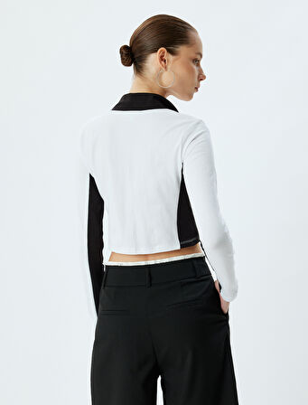 Crop Tişört Fermuarlı Uzun Kollu Yarış Temalı Baskılı Slim Fit
