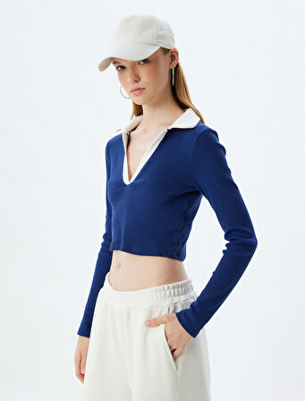 Polo Yaka Tişört Crop Uzun Kollu Biyeli