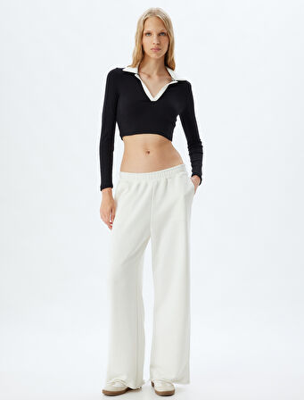 Polo Yaka Tişört Crop Uzun Kollu Biyeli