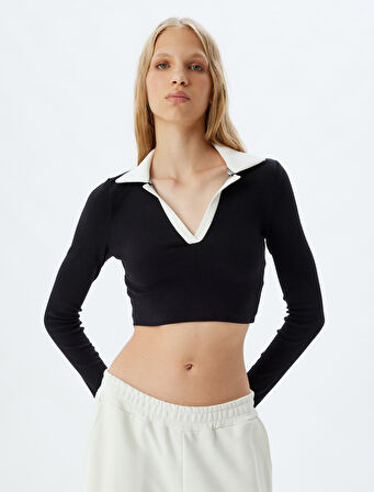 Polo Yaka Tişört Crop Uzun Kollu Biyeli