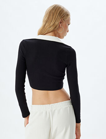 Polo Yaka Tişört Crop Uzun Kollu Biyeli