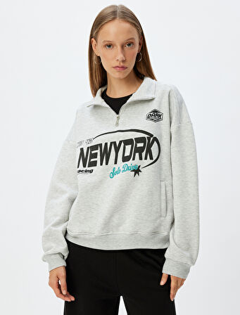 Yarım Fermuarlı Sweatshirt Baskılı Dik Yaka Cep Detaylı Şardonlu