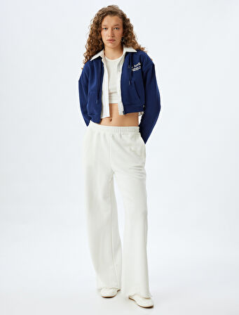 Fermuarlı Sweatshirt Crop Arkası Baskılı Cep Detaylı Slim Fit