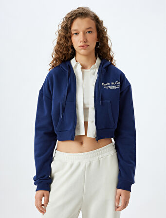 Fermuarlı Sweatshirt Crop Arkası Baskılı Cep Detaylı Slim Fit
