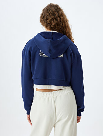 Fermuarlı Sweatshirt Crop Arkası Baskılı Cep Detaylı Slim Fit