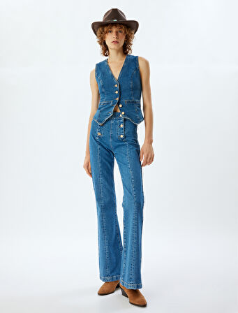 Yüksek Bel İspanyol Paça Düğme Detaylı Slim Kot Pantolon