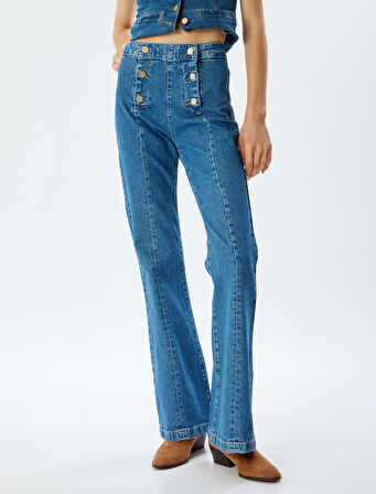 Yüksek Bel İspanyol Paça Düğme Detaylı Slim Kot Pantolon