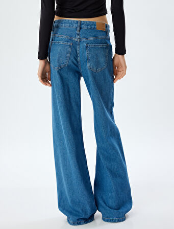 Geniş Paça Kot Pantolon Standart Bel Taşlı Düğmeli Cepli - Wide Leg Jean