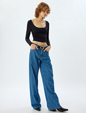 Geniş Paça Kot Pantolon Standart Bel Taşlı Düğmeli Cepli - Wide Leg Jean