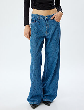 Geniş Paça Kot Pantolon Standart Bel Taşlı Düğmeli Cepli - Wide Leg Jean