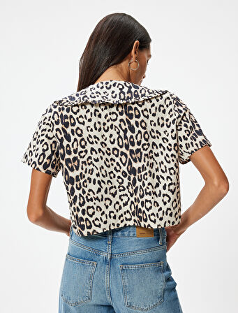 Leopar Desenli Bluz Bebe Yaka Bağcık Detaylı Kısa Kollu Slim Fit