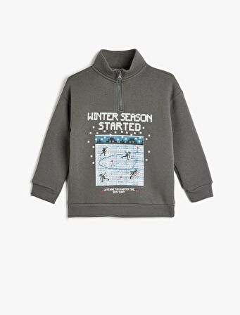 Sweatshirt Dik Yaka Uzun Kollu Kış Temalı Baskı Detaylı Şardonlu