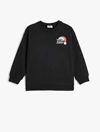 Sweatshirt Yılbaşı Temalı Baskı Detaylı Uzun Kollu Bisiklet Yaka
