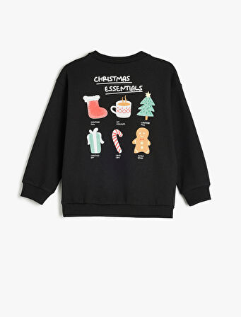 Sweatshirt Yılbaşı Temalı Baskı Detaylı Uzun Kollu Bisiklet Yaka