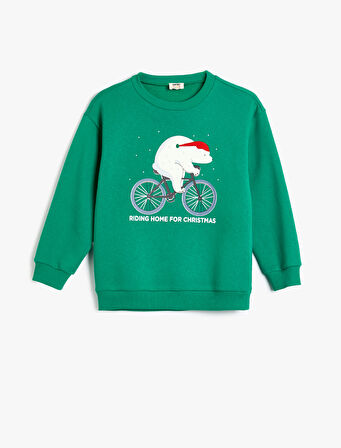Uzun Kollu Bisiklet Yaka Yılbaşı Temalı Sweatshirt